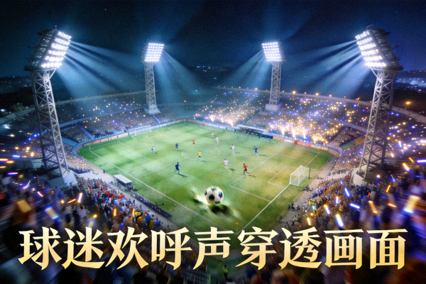 夜晚灯光璀璨的足球场上空俯瞰,四座巨型照明塔将球场照得如同白昼,球迷欢呼声仿佛穿透画面